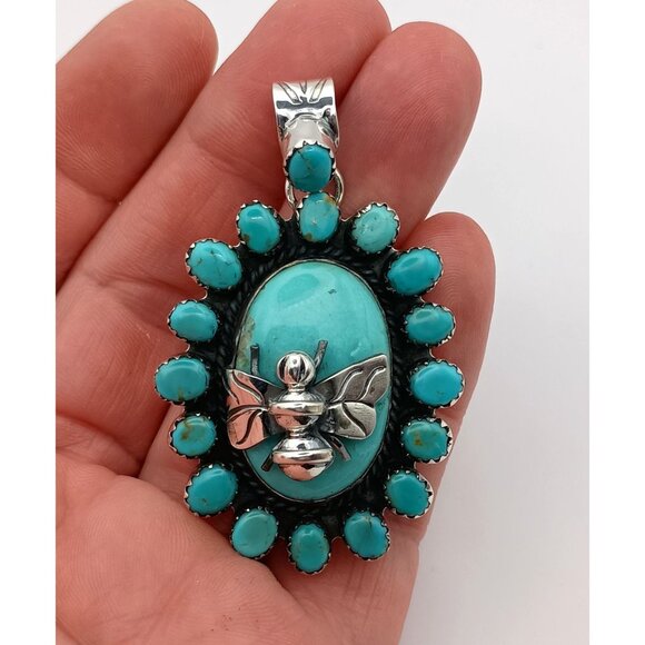 Handmade Jewelry - Large Native Style Sterling Silver Turquoise Pendant Butterfly Bumblebee